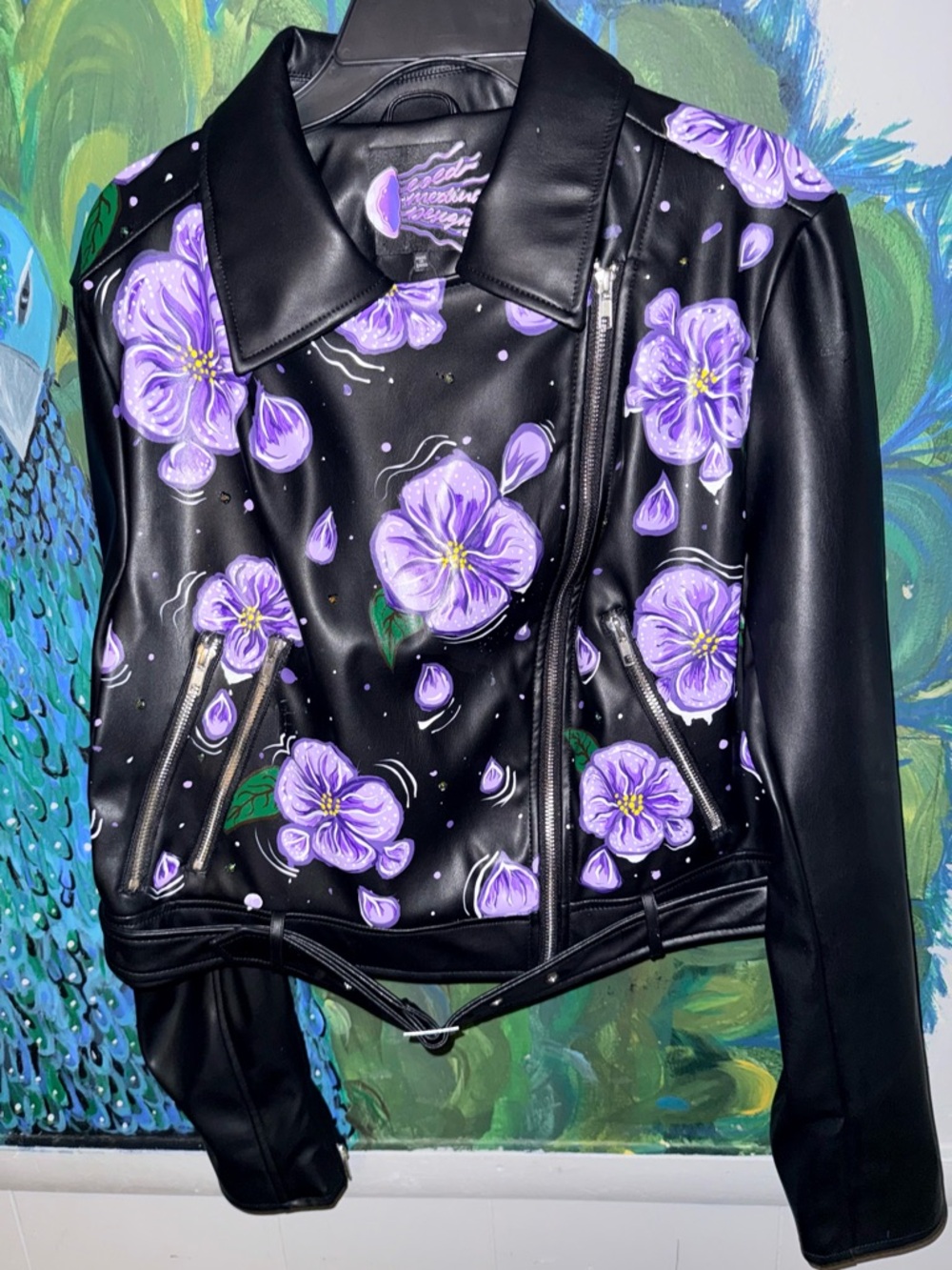 Hand-Painted Black Vegan Leather Jacket with Purple Floral Design